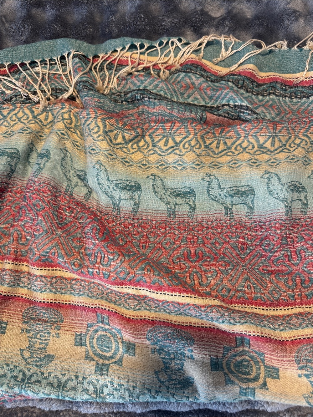 Bohemian Alpaca Motif Woven Scarf - Teal, Coral, Mustard